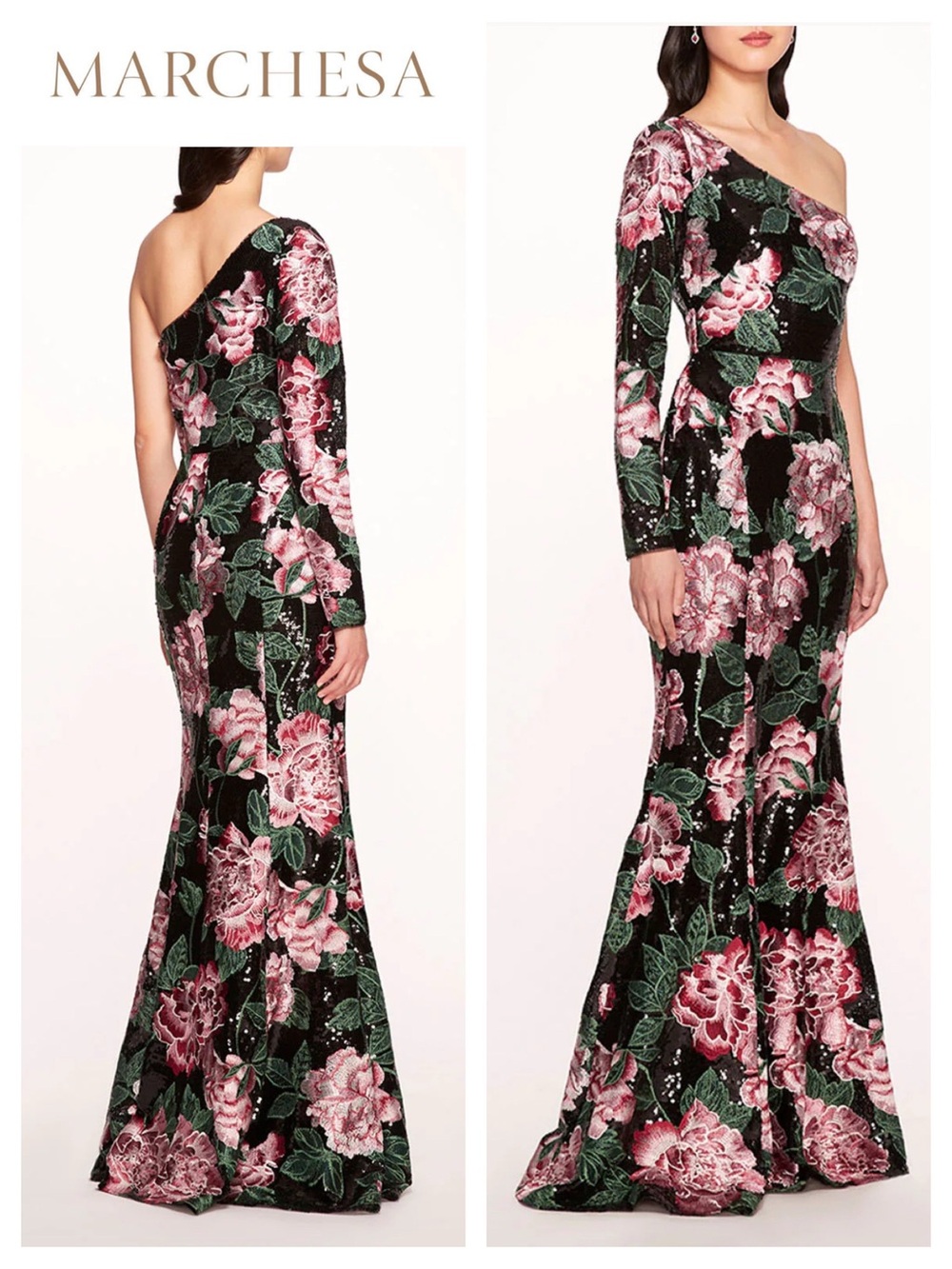 MARCHESA NOTTE One Shoulder Floral Embroidered Sequin Gown